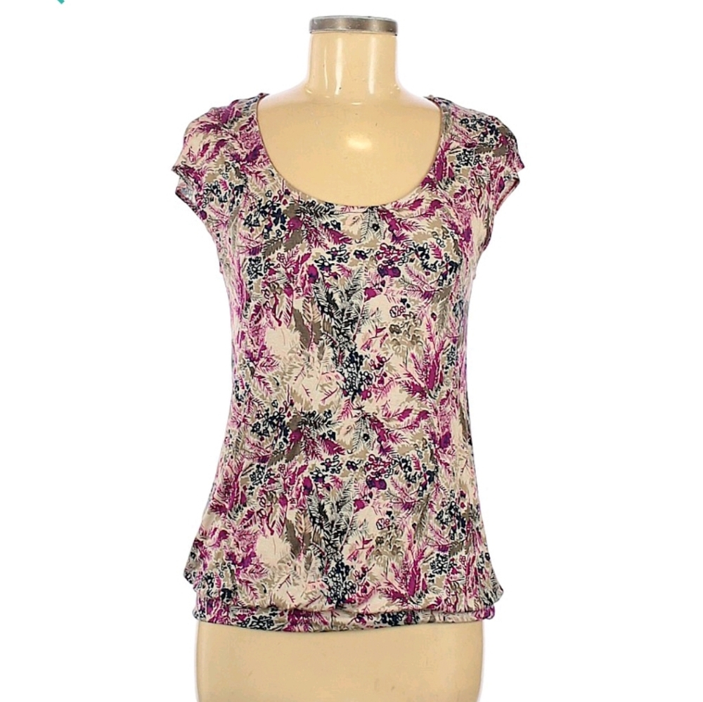 ANN TAYLOR floral cap sleeve bubble hem top